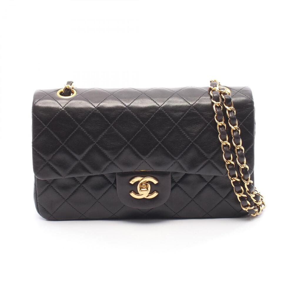 Chanel Matelasse Double Flap Shoulder Bag Lambskin Sheepskin Black